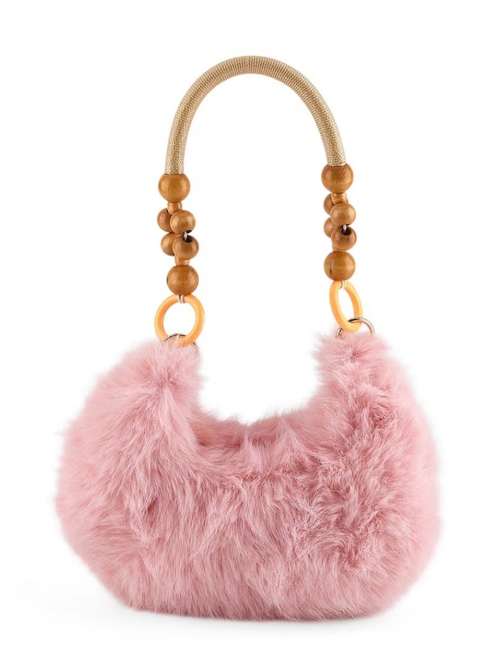 Pink Faux Fur Bag with Wooden Bead Handle NWT - Picture 1 of 7